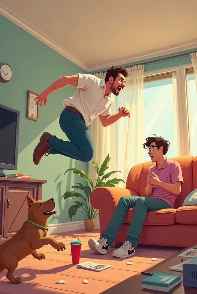 A guy slipping on a dog and falling towards his friend sitting on the couch
