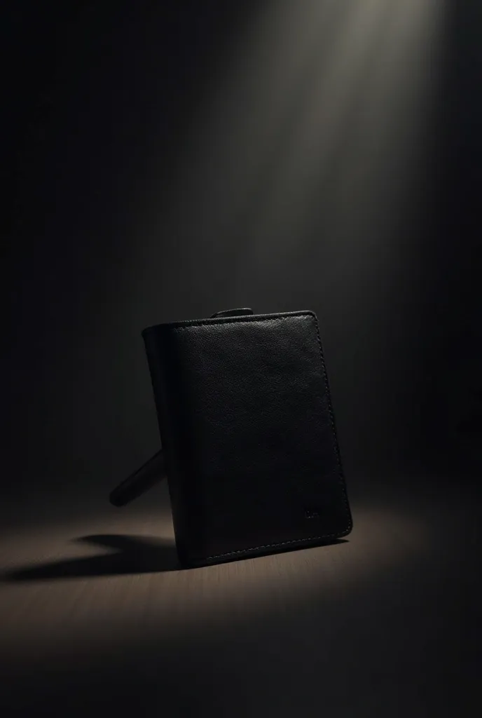 Dark background with light backlight where stands a small black men's wallet 