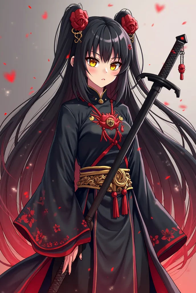 Create a female character from Demon Slayer, , long black hair with two tails and red tips, That he has yellow eyes ,  That it has the same animation as in the anime, her pillar uniform and her black sword, her black ahori with stars and who is in infinite...