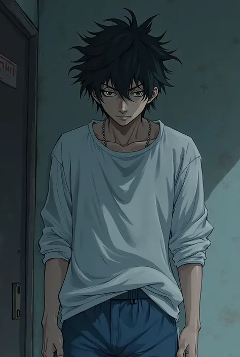 Creepy anime man messy black hair, dark eyes with heavy bags underneath due to sleep deprivation, and is often seen wearing a loose white long-sleeve shirt and baggy blue