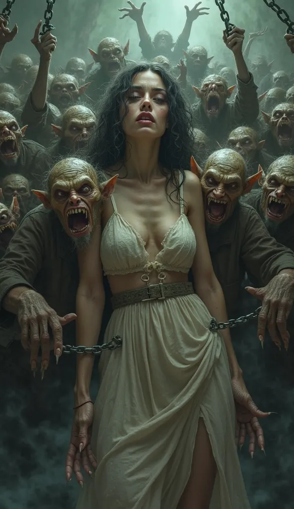 A beautiful woman has been chained, and 7 goblins out there, panicked woman, goblins are banging her