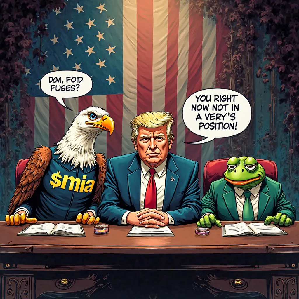 "A highly detailed and vibrant comic book-style illustration featuring $MIA the eagle, Donald Trump, and Pepe the Frog sitting at a grand table in a high-stakes meeting. $MIA the eagle, looking powerful and patriotic, wears a suit with the text '$MIA' prom...