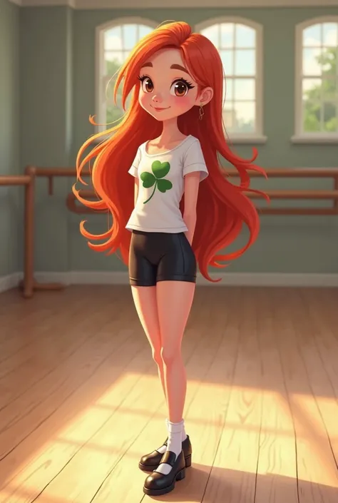 Smileling Long-haired, redhead college student in a white tshirt with clover, short black leotard bottoms, white socks, and black leather tap shoes, hands behind back, stomping feet, practicing tap dancing in a dance studio, cartoon 2d
