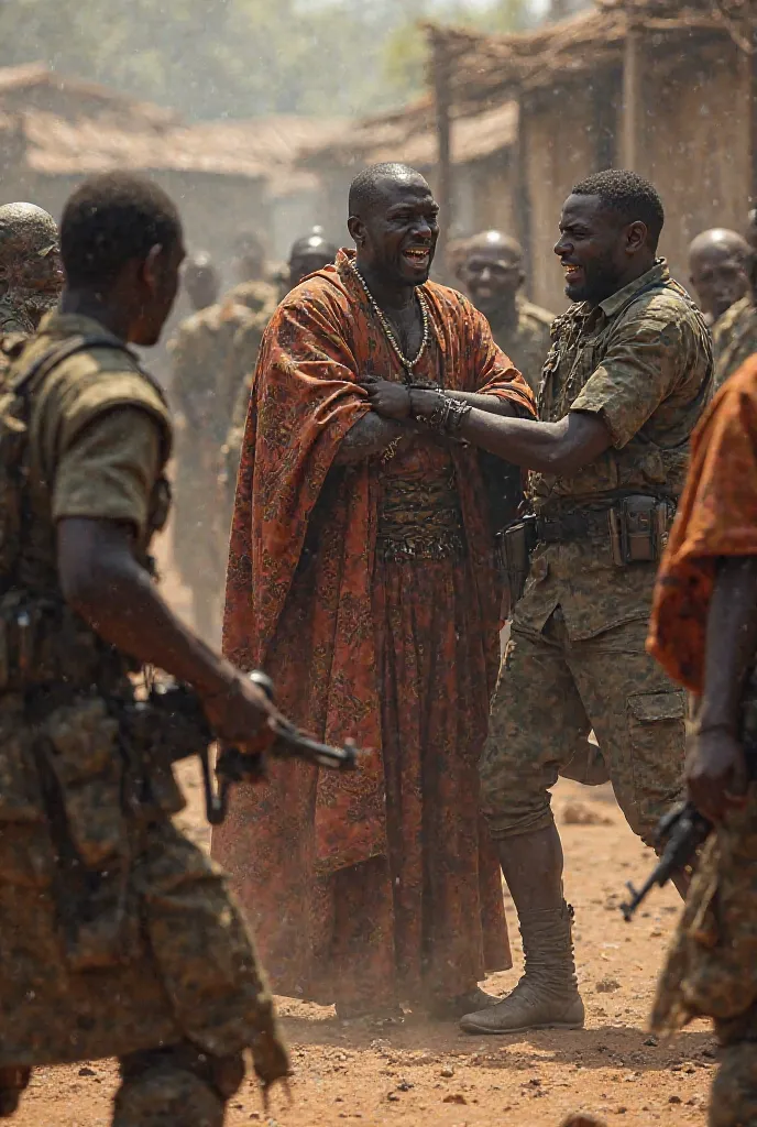 An African priest in African robes having his throat cut by an African soldier who put his knee on the priest's back and three black soldiers around him 