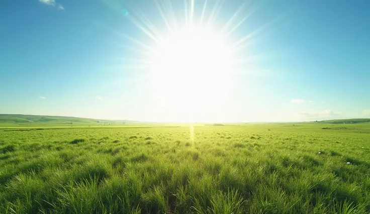 Prompt: Realistic photograph taken under a bright midday sun, showcasing a clear, vivid horizon. The intense light casts sharp shadows on a wide stretch of land, highlighting vibrant greens in the vegetation. The feeling is energetic and alive, reflecting ...