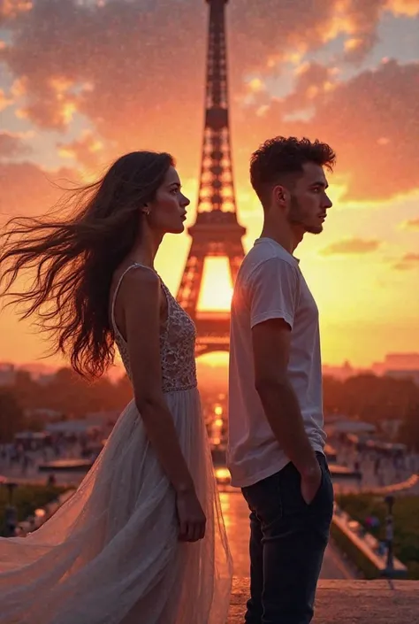  Eifel tower in the background with a girl on one side with her hair flying and on the other side the same girl as a boy with short hair at sunset