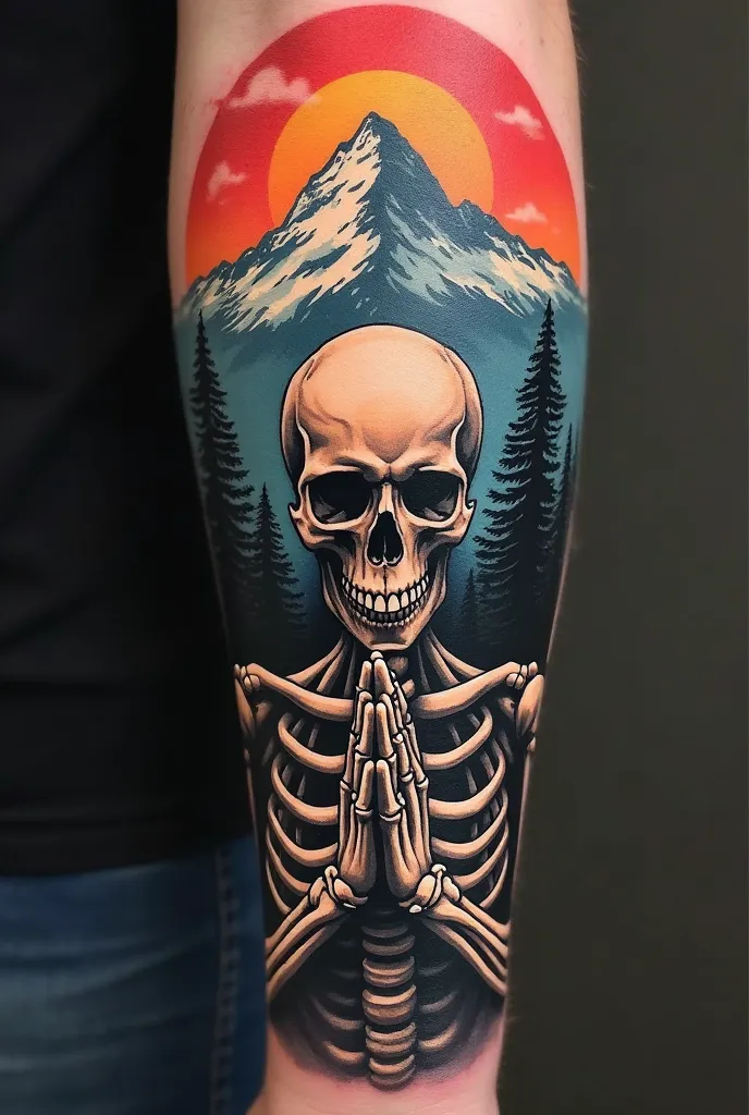 get a full arm tattoo. below is a Meyiko skull praying with his hands, and above is a beautiful mountain region, let there be a mountain in the background, pine trees, sunset