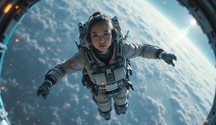 In the center of the all-sky monitor that seamlessly surrounds you and gives you a panoramic view of space, a female pilot wearing a feedback suit sits in a floating cockpit and begins space combat. from below