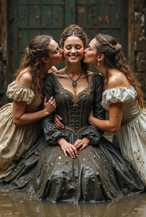 18th century princess in a lavish, yet ruined, dark-colored coronation gown, covered in mud and soaked through, sits in a murky, mud-filled pool, surrounded by dirty water. Her two ladies-in-waiting, dressed in lighter-colored, formal gowns, similarly mud-...