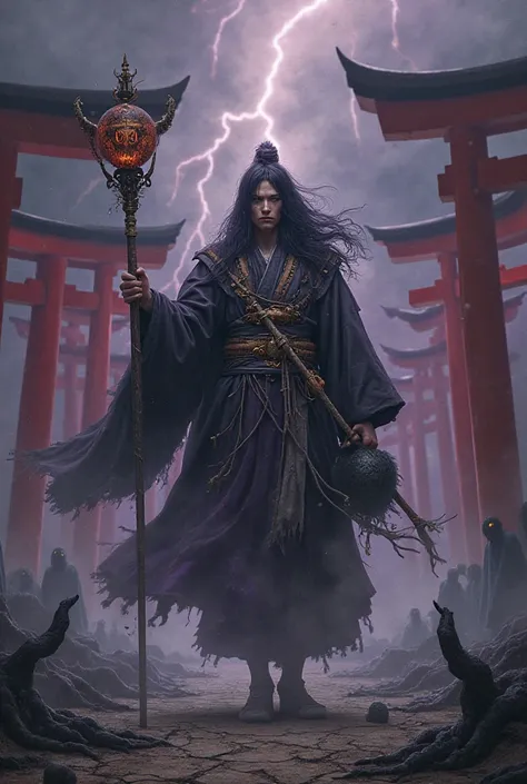 
**"Ōkuninushi, the god of creation, magic and destiny, emerges majestically in a dark and mystical landscape of ancient Japan. His An imposing figure is wrapped in a dark ceremonial robe —jet black, deep purple and worn gold — embroidered with ancient sym...