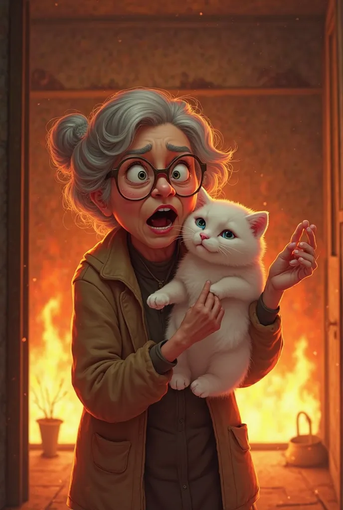 *Create an illustration of an elderly woman with gray hair and glasses holding a white cat in a burning room. She has an expression of panic and despair, stretching out one hand while holding the cat with the other. The background should show an intense fi...