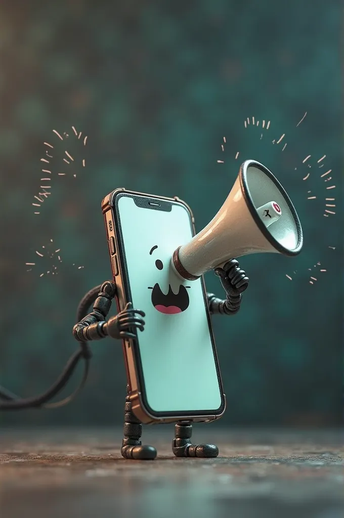 An ultra-realistic image of a smartphone holding a megaphone, with a screen displaying a facial expression of intense effort, as if it's shouting. The megaphone is angled forward, but the sound waves coming from it are weak, faintly represented by very thi...