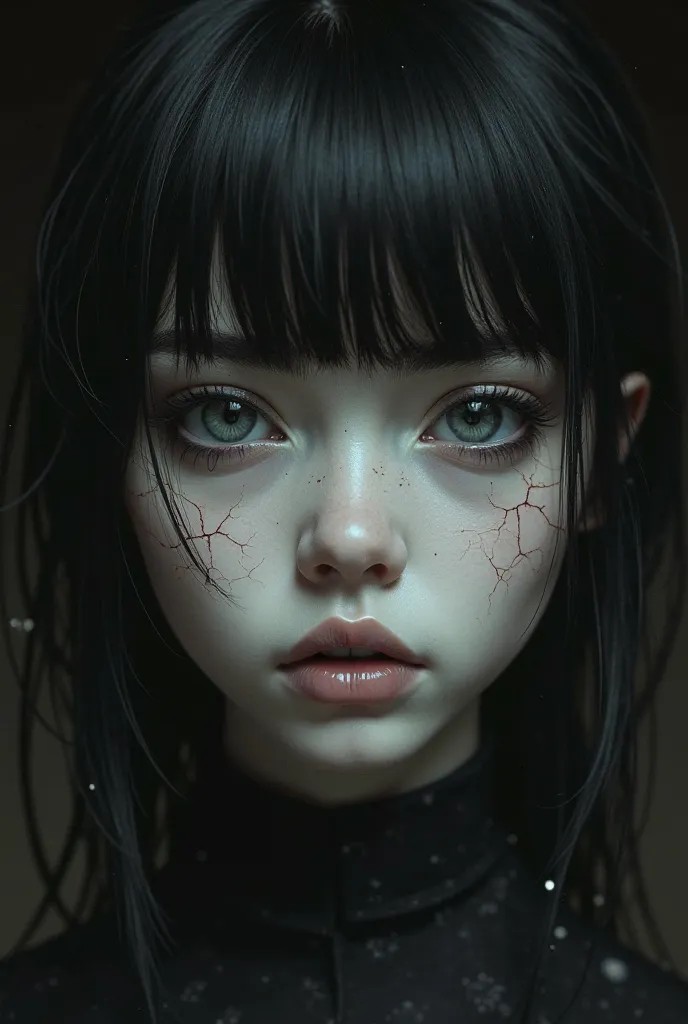 Black-haired white girl cut Wolfcut with dark clothes and deep eyes, cracks in her skin with a half-sided face, thin nose and delicate features.
