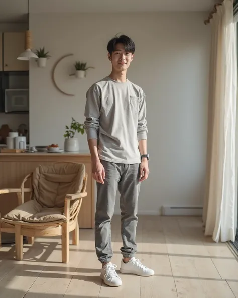 A handsome young Korean aged 25 years of andercut hair wears an ash shirt.. wears grey jeans wears white Adidas shoes is standing smiling...background of a simple modern minimalist house in the morning 