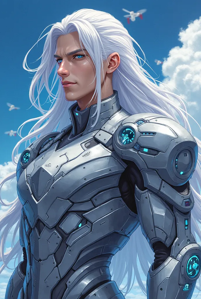 "AB is a tall and impressive man, with long, white hair due to a rare genetic disorder. Her eyes are bright blue, like the sky, and exudes an uncontrollable power.  he has a well-defined physique , but not exaggerated, with toned muscles and an extremely a...