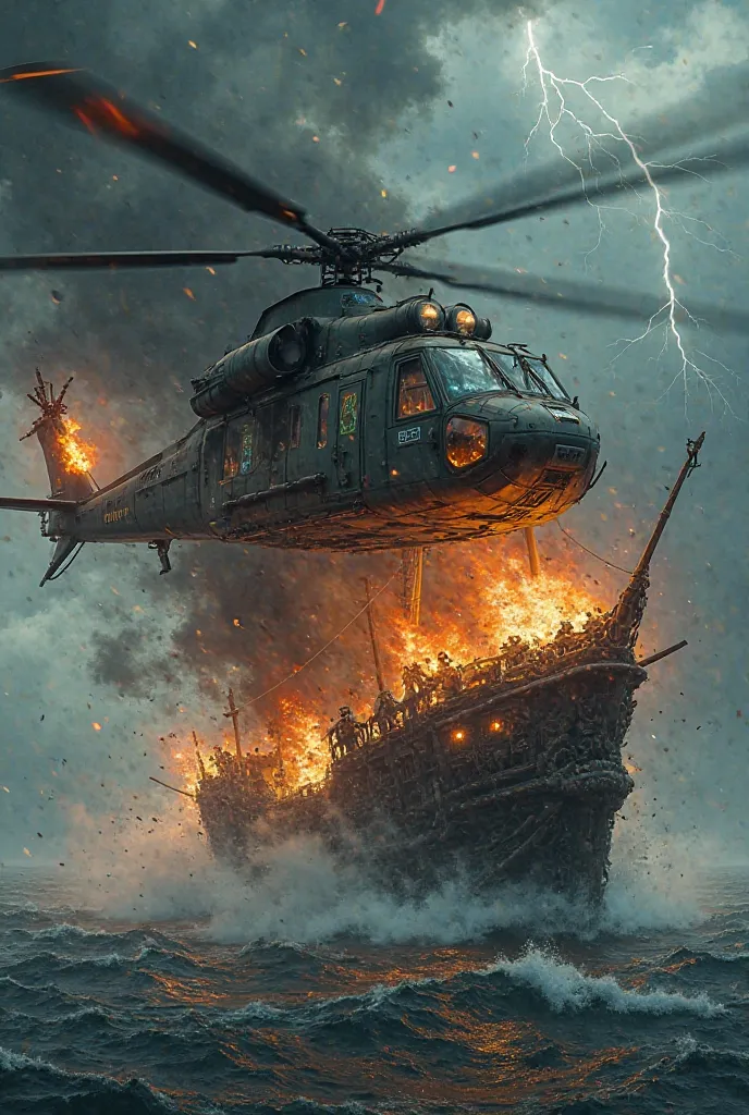 Create an ultra-realistic and surreal image capturing the dramatic moment of a massive military helicopter with dual rotors engulfed in flames, plummeting from the stormy sky toward a haunted pirate ship sailing through the open ocean.

The helicopter is a...