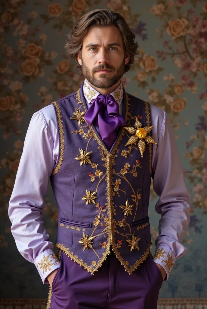 a man costume: a light lilac blouse, His sleeves are rolled up to the elbow, a purple vest with golden details, and a purple tie with a golden star like pin in the middle, an exotic glassy cristay round gem attached he the outfit to the left side of the ch...