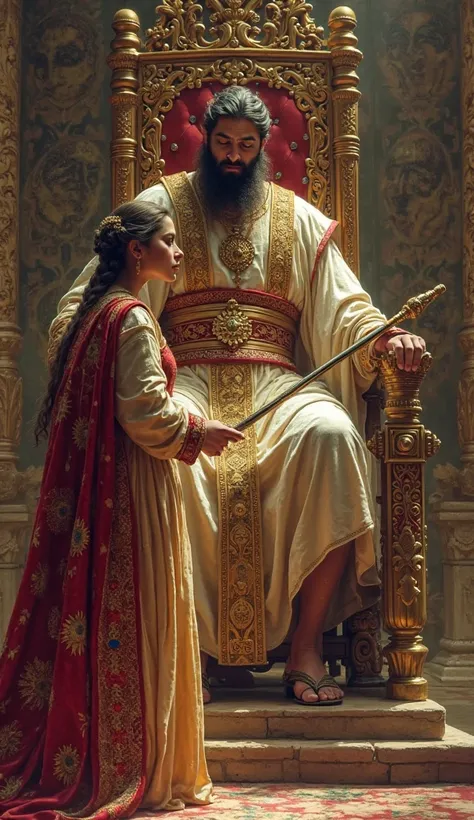 King Xerxes sitting on the throne extending a scepter, a young woman dressed in royal robes touching the tip of the scepter