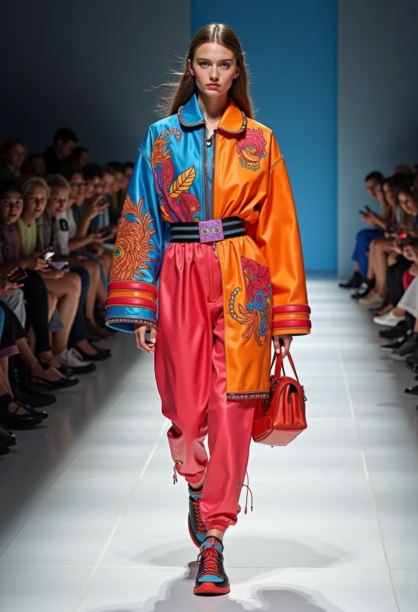 Russian model, demonstrates on the catwalk a new collection of modern bright clothes, Kenzo style. The photo has clear contours and a resolution of 32k.