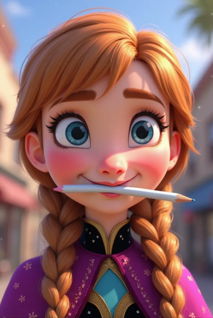 Tip: A very lovely Anna from FROZEN being happy alone in Downtown San Diego in the sun… The illustration is a high definition illustration with 4k resolution., with highly detailed facial features and cartoon style visuals, close up of Anna’s face biting a...