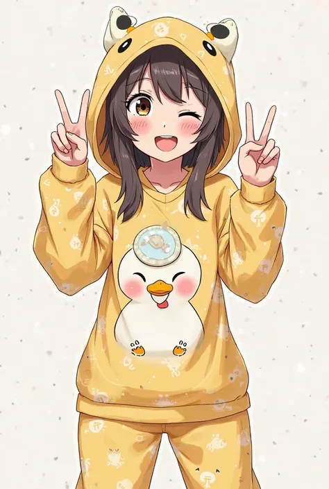  anime girl t-shirt (no ) wearing duck pajamas,  Hood on, Victory-shaped hands,  smiling,  with squinting eyes 