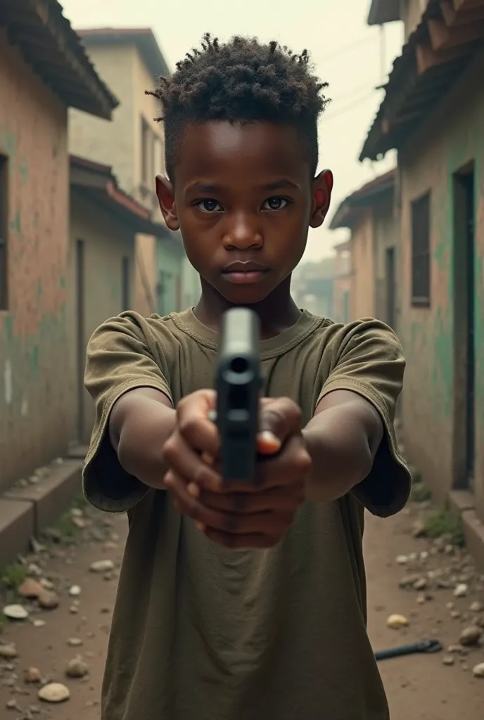 A black-skinned boy with short curly hair with a gun