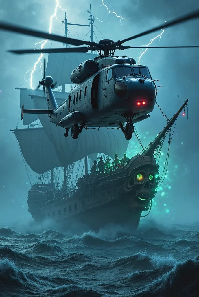 Create an ultra-realistic and surreal image of a massive military helicopter with dual rotors flying low over a haunted pirate ship sailing through the open ocean at night.

The helicopter is a powerful military model, with two large rotors slicing through...