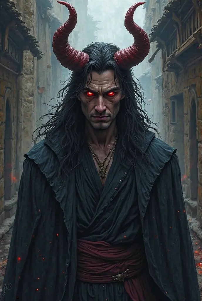 A demon man with horns and red eyes,  dark clothes, Chest up, medieval era, anime style 