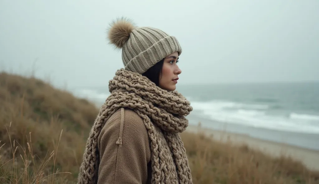 (photorealism:1.2),"A person wearing a cozy knitted hat and a large scarf, standing in a quiet, windswept coastal landscape. The person is looking thoughtfully into the distance, their profile visible against a soft, misty backdrop. The landscape is made u...