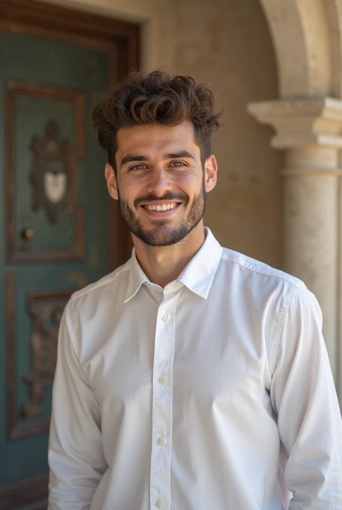 un jeune homme d'aspect respectueux dans une école islamique vue de face il fixe le regarde sur le caméra entrain d'expliquer        peau blanche souriant et proche du caméra  avec des vêtement blanche