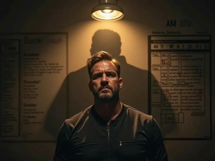 A determined man with a serious expression, standing under an intense light that illuminates only half of his face. Behind him, a shadow of himself appears stronger and more powerful. To his side, a digital clock shows 4 AM and a calendar with completed ta...