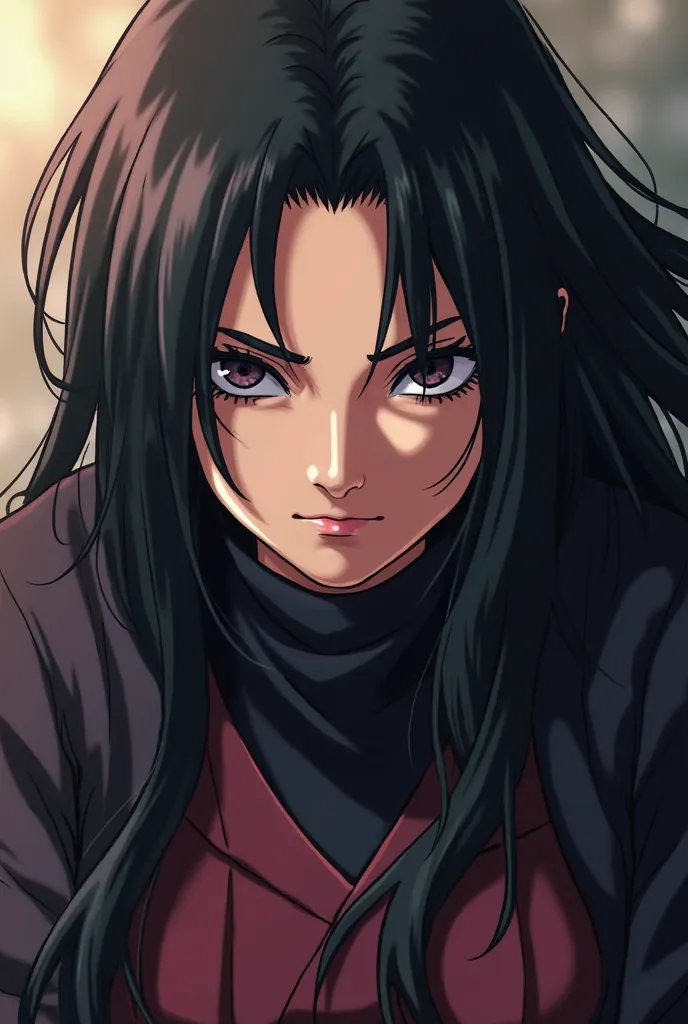 In  naruto Anime Style! She is a striking kunoichi with long, flowing black hair that cascades over her shoulders, partially covering her face. Her deep, determined eyes are framed by dark lashes, and her expression is both fierce and enigmatic.