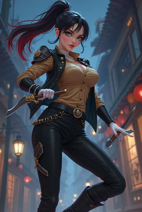 A woman with long black hair tied in a ponytail with a red gradient, slightly tanned white skin, dark blue eyes.

Clothes: Wears a light brown button-down shirt and an open black western vest with gold details and long black sleeves. The shirt goes up to t...