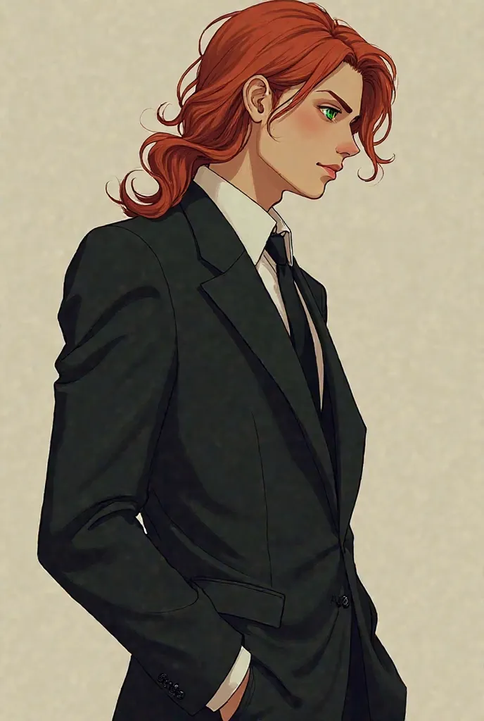 A man with his back looking to the side, He is red-haired, He wears a black suit and his eyes are green,  illustration 