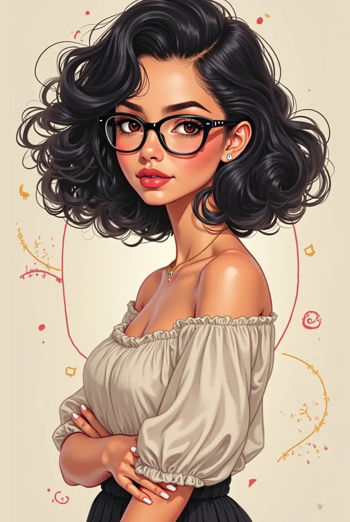 brunette  with curly and short black hair with glasses posing for an animated fashion magazine with a neutral colored background 