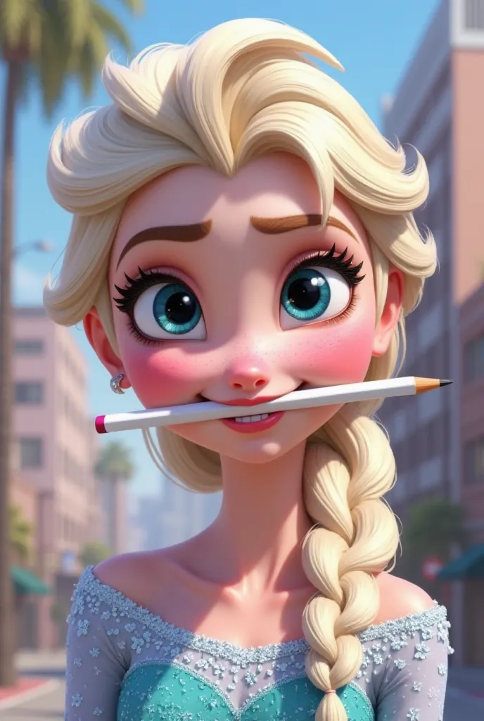 Tip: A very lovely Elsa from FROZEN being happy alone in Downtown San Diego in the sun… The illustration is a high definition illustration with 4k resolution., with highly detailed facial features and cartoon style visuals, close up of Elsa’s face biting a...