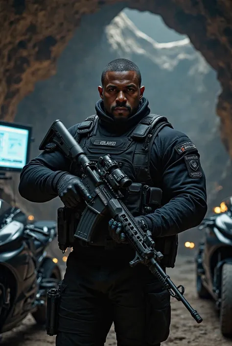 black man, high strong, short hair, wearing black clothes , like a tactical uniform , Hold a rifle , Behind him a cave with computers and a black racing bike 