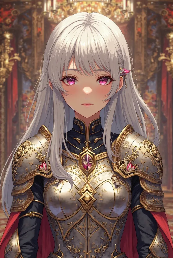 Shoulder-length white-haired girl wearing medieval gala anime-style armor