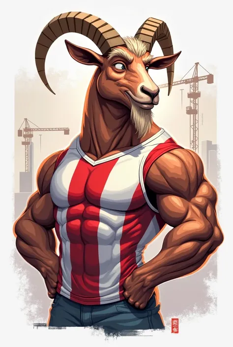 Create a logo, the logo has to be worn by an adult goat with a white and red striped shirt vertically, You have to wear something construction with the, It has to be animated but not and the goat has to be muscular and with a pose on the side showing the m...