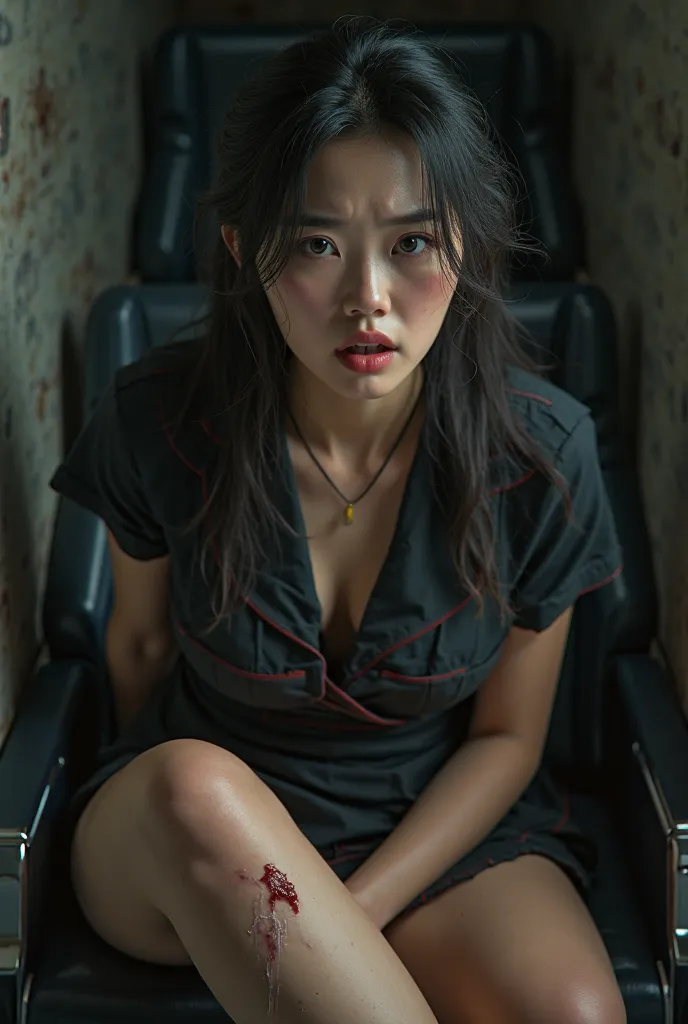 A beautiful Asian woman, nsfw, stewardess uniform with tie, micro miniskirt, long boots, suffering expression, shouting, heavy bleeding from her thigh, ((with a cutter blade impaled in her thigh)), (a man is cutting her thigh with a cutter),(best quality,4...