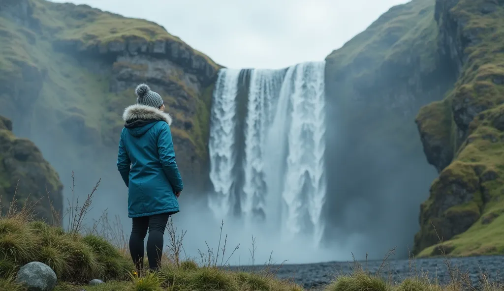 (photorealism:1.2),"A person wearing an blue jacket and a knitted hat, standing in front of a majestic waterfall in a lush, green landscape. The person is looking away from the camera, gazing at the waterfall as the mist rises in the air. The dramatic natu...