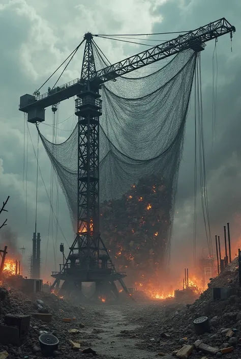 Image of a black construction crane trapped in a huge net full of ren and all around it's fire