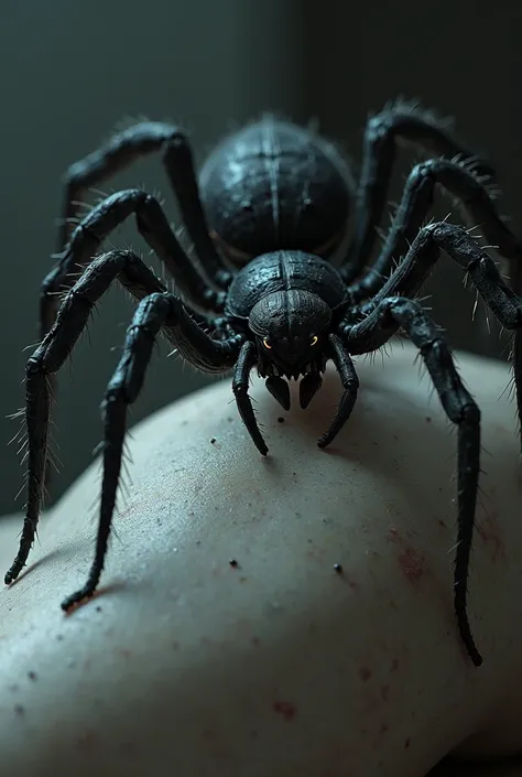 Dark fantasy, black spider veuve noire horror on skin human body. Réaliste 8k 