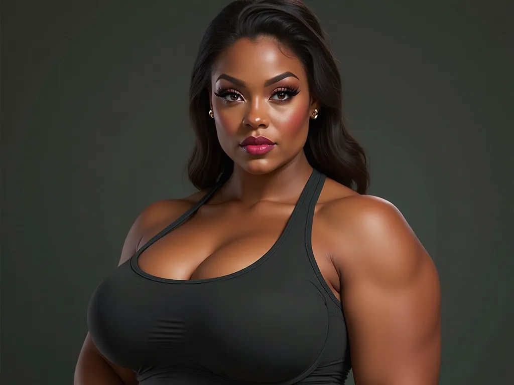 hyper realism, fat woman, muscular, round large breasts, oversize eyes, parted plump lips, eye wing eyeliner, dark pink lipstick, sports bra, looking at viewer, 3/4 angle photo