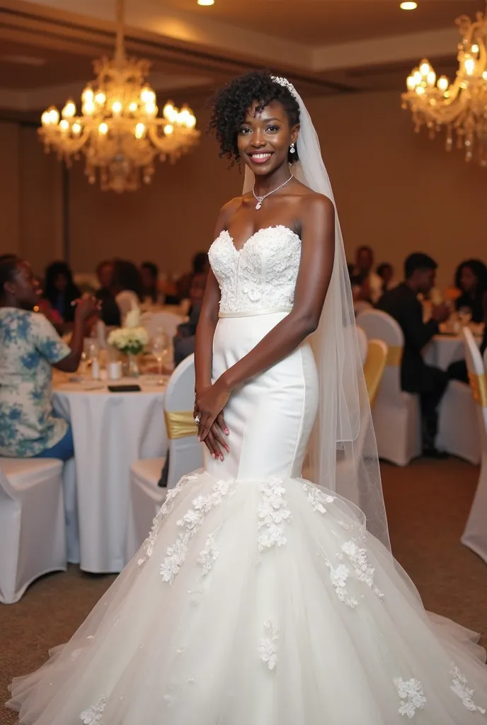 A young Nigeria lady wearing a wedding gown with flayed bottom and curvy shape. she is adorned with a veil and her face has a cheerful smile. Her makeup is bold, with the lip gloss to compliment. The background is a blury event hall with well wishes dimly ...