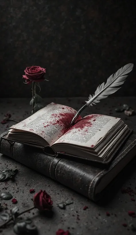 Book with blood , Poet's pen and rose in black and white 