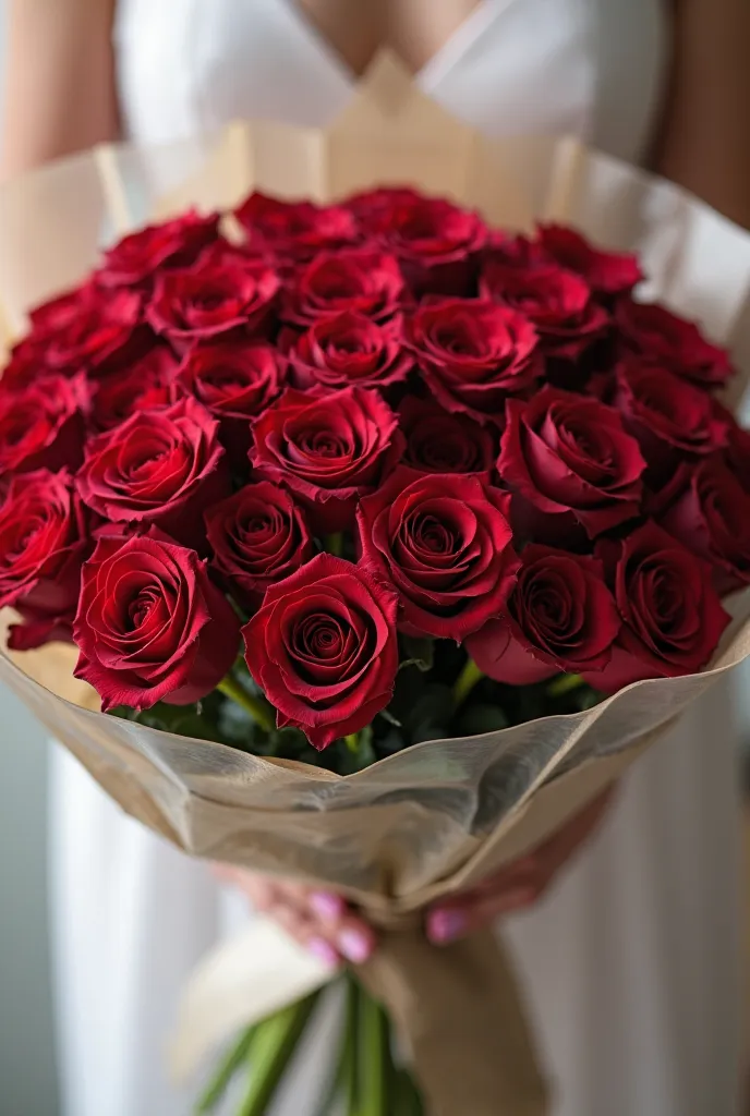 A bouquet of red roses packed in a transparent biodegradable corn bag, That it is well packed and covers the roses to protect them