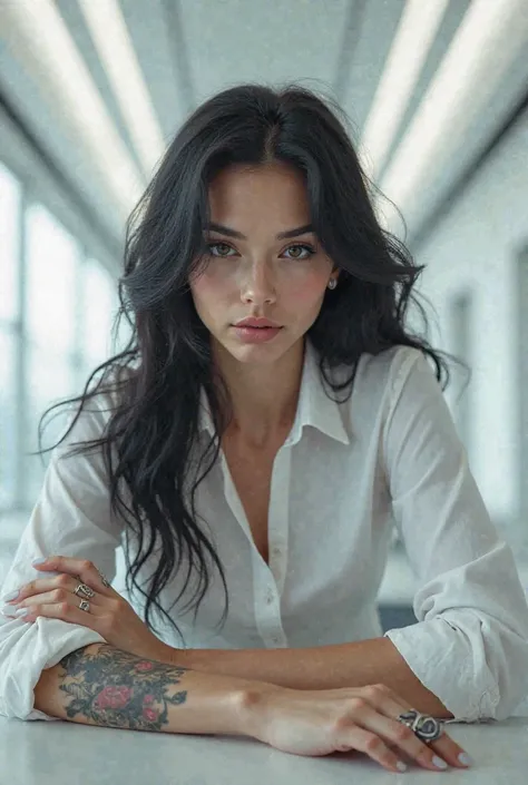 Angry woman with black hair and tattoo on one arm and dressed in a white shirt sitting in her futuristic office with white walls and a computer 