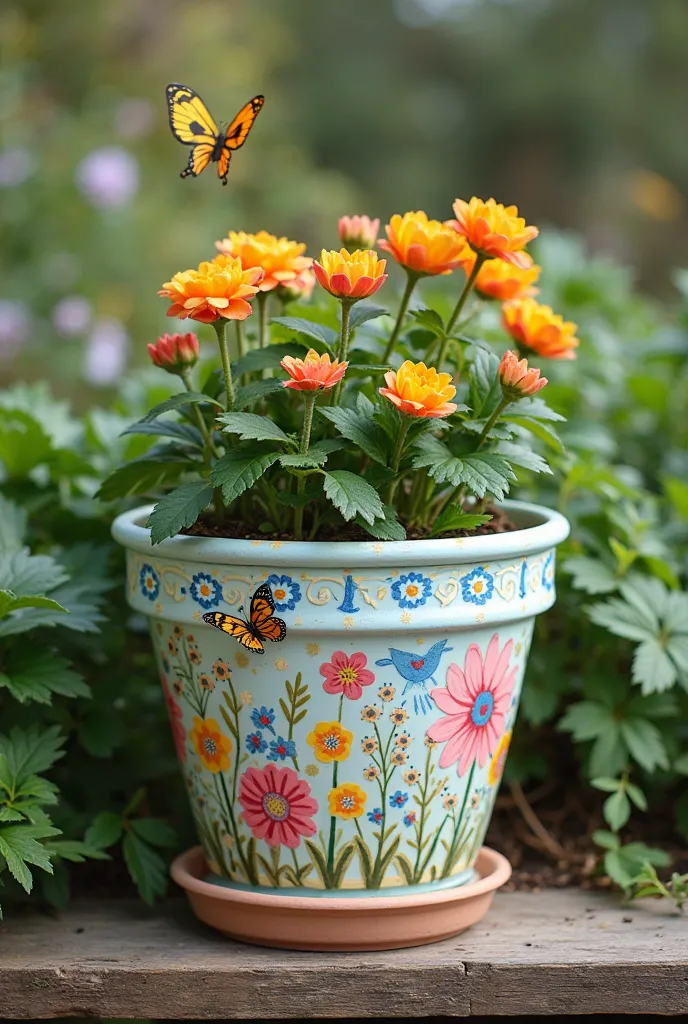 Spectacular flower pot hand-decorated in a spring theme 