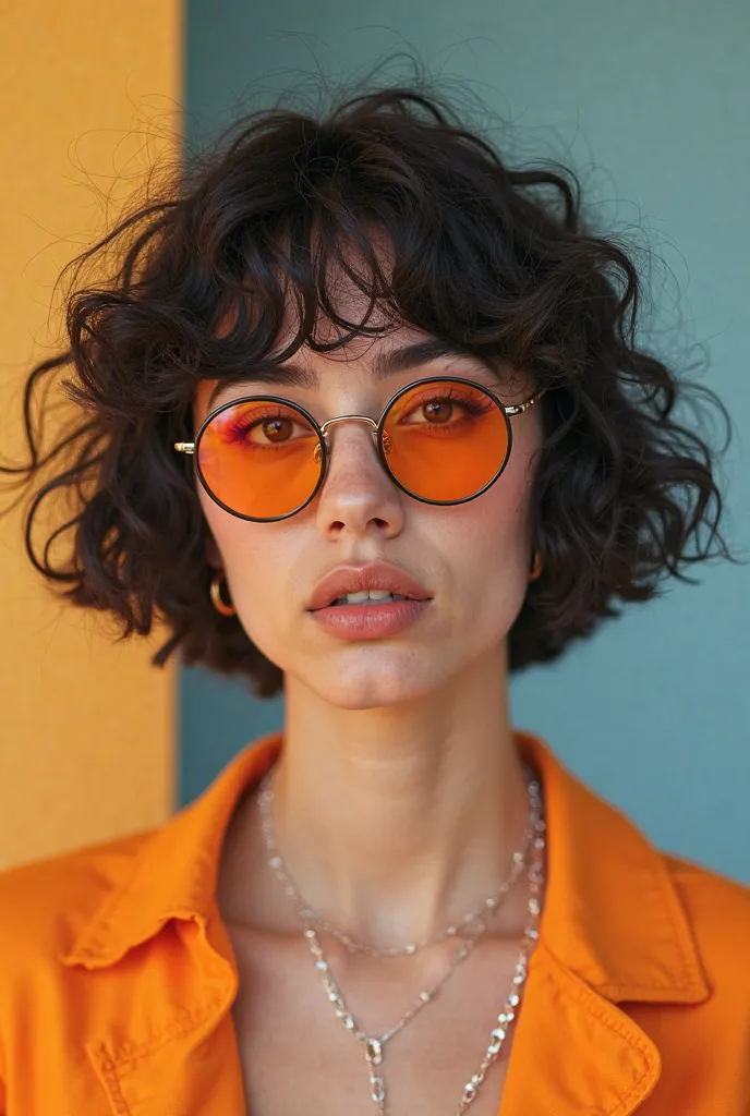 Not-so-bright brunette  with curly and short black hair with lenses posing for a lively fashion magazine with a neutral colored background 